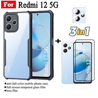 3em1 Redmi 12 5G Caixa Para Celular anti-Queda + 4G Nota 12S 5G Pro Filme De Vidro Temperado + Lentes