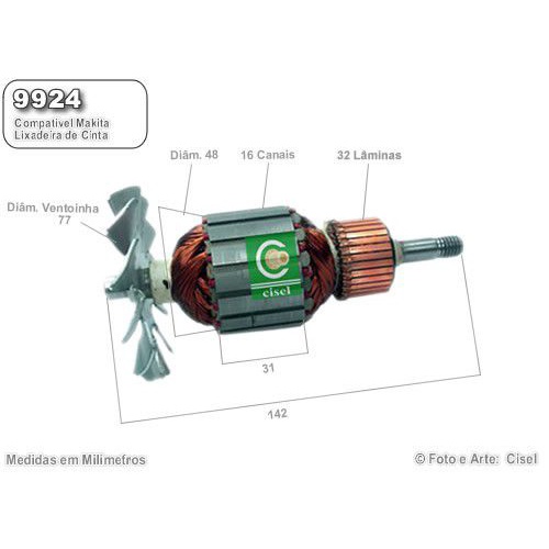 Induzido compatível Makita 9924 - Lixadeira de Cinta - Eixo: 142 mm