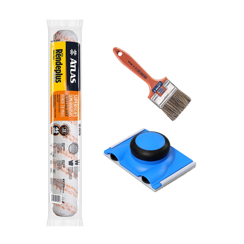 Kit Big Rolo + Pincel + Pad Pintura Recorte Acabamento ATLAS