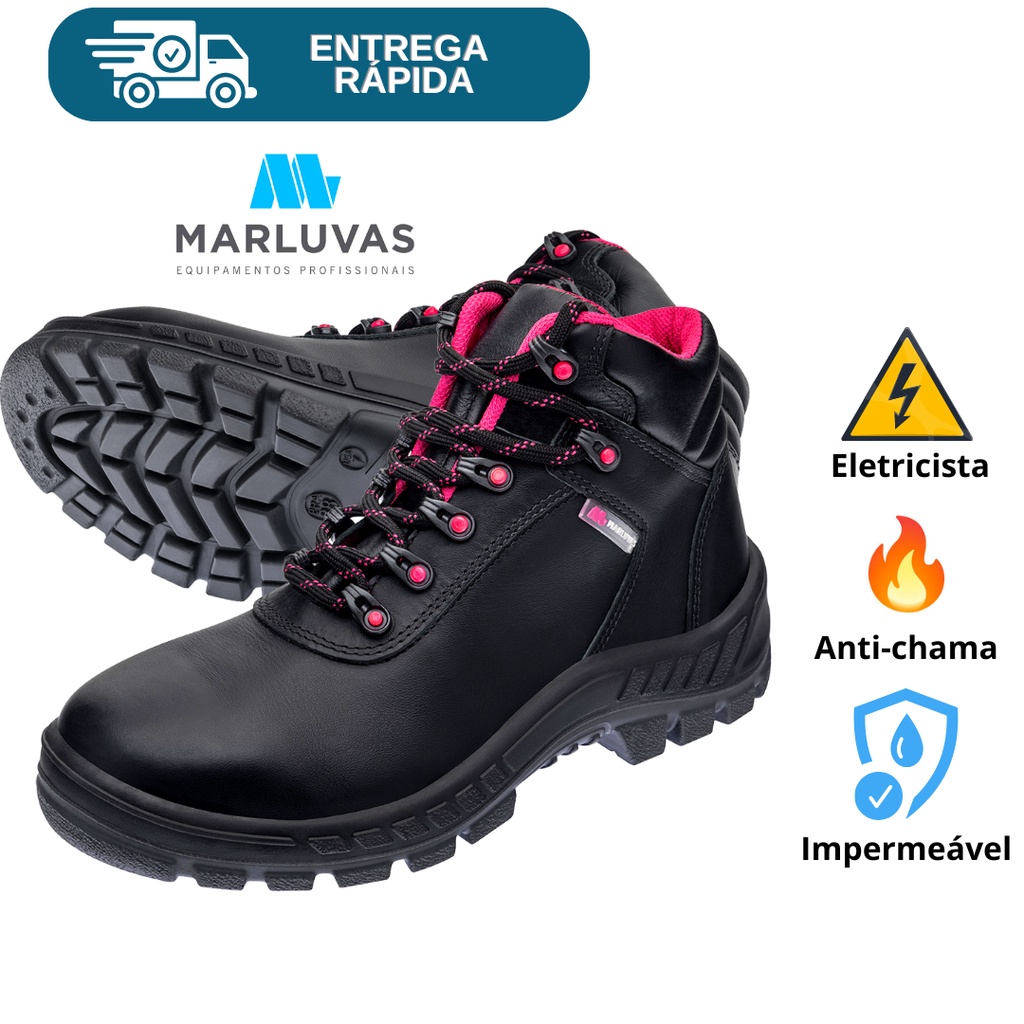 Bota Botina Segurança Marluvas Couro Anti-chama Impermeável Eletricista Feminina Rosa Proteção Epi