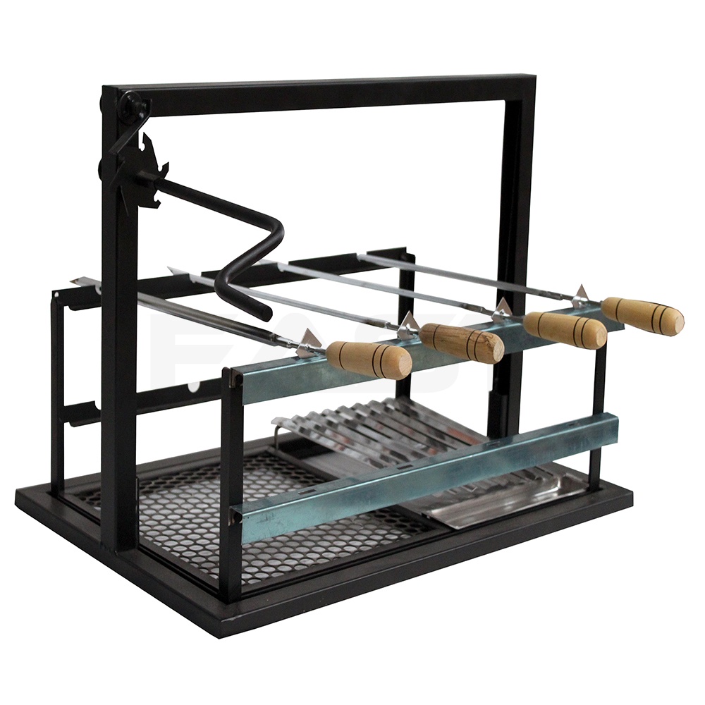 Kit Elevação Com Grelha Argentina Parrilha 4 Espetos Aço Carbono e Inox Churrasqueira Churrasco Cozinha Profissional