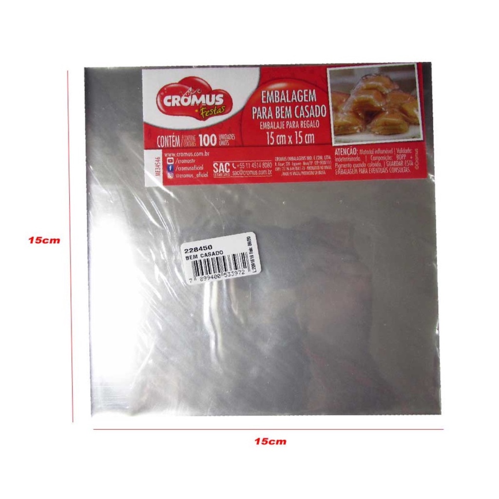 Embalagem Bem Casado Lembrancinha 15x15 Celofane - Cromus  - 100 un