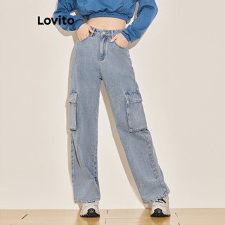 Lovito Calças Jeans de Zíper Frontal com Bolsos para Mulheres L61AD118 (Azul)