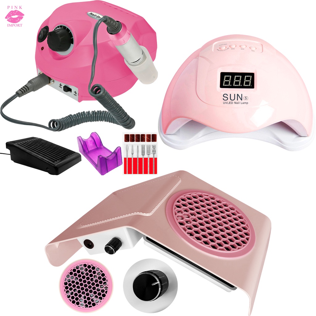 Kit Unha Cabine Sun 5 48w Lixa Lixadeira Motor Porquinho Aspirador Sugador Coletor de Pó Manicure Gel Acrigel Porcelana Profissional