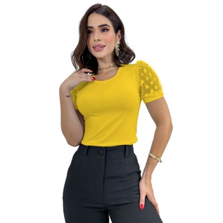 Blusa Blusinha Manga Curta Tule Poa Bolinha Bufante Feminina