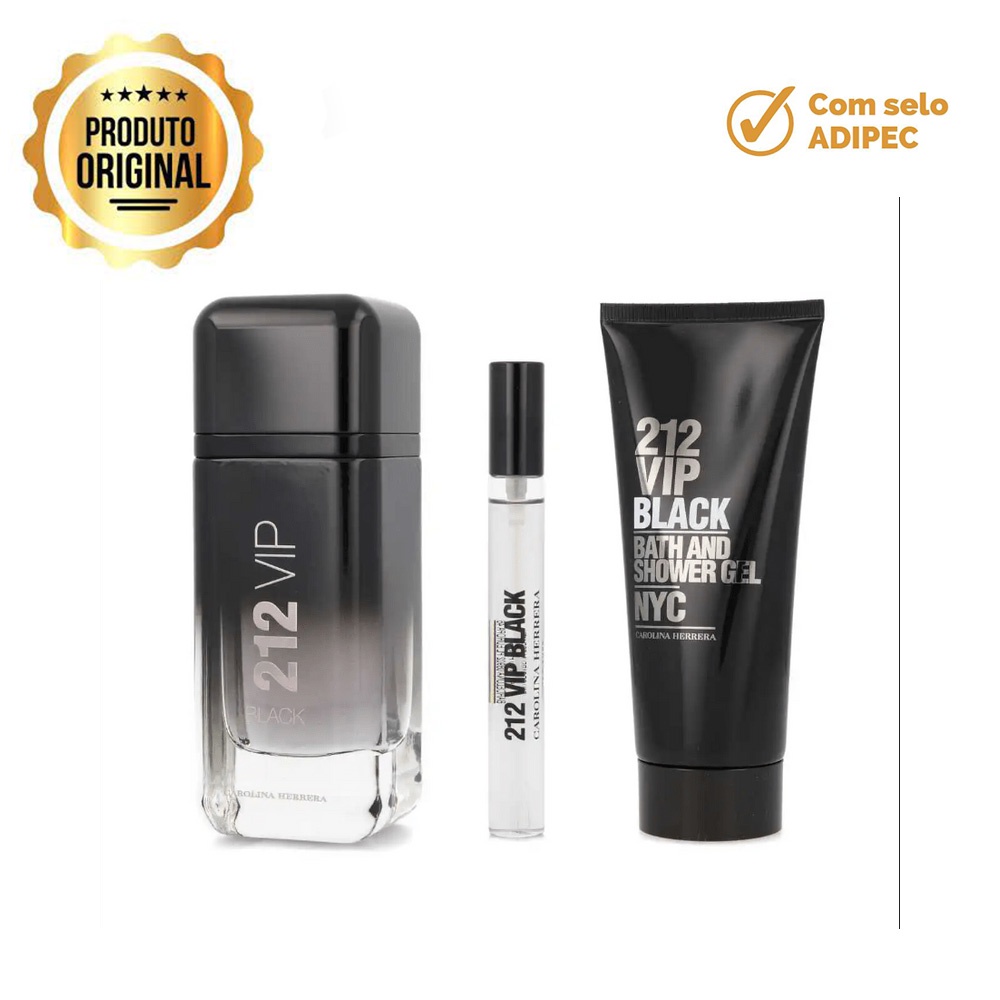 Perfume 212 Vip Black Kit Carolina Herrera Eau De Parfum Masculino 100ml + Eau De Parfum 10ml + Shower 100ml Original