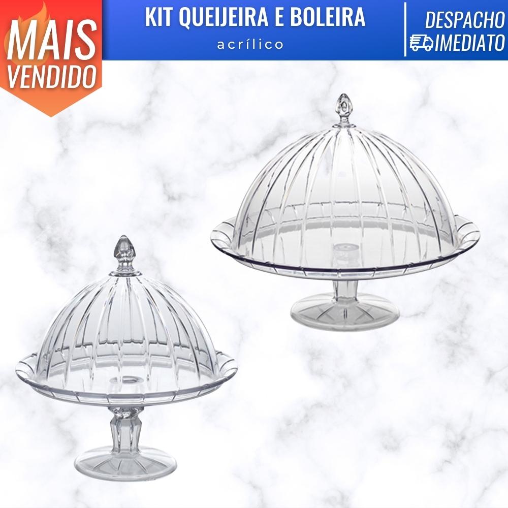 Kit Boleira E Queijeira Liv Transparente Acrílico C/ Tampa Bolo Queijo Doces Luxo