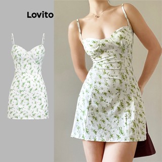 Lovito Boho Vestido Feminino Floral Evasê de Cetim L71ED180 (Branco)