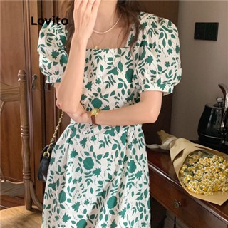 Lovito Vestido Boho Casual com Amarração Floral e Mangas Bufantes para Mulheres LNE05124 (Verde)