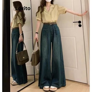 Lovito Casual Calça Jeans Feminina Lisa com Bolso e Zíper LNA30102 (Azul)