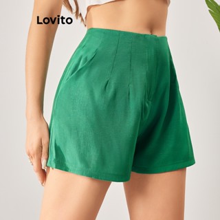 Lovito Elegante Short Básico Plissado com Bolsos para Mulheres LBL06162 (Verde/Preto)