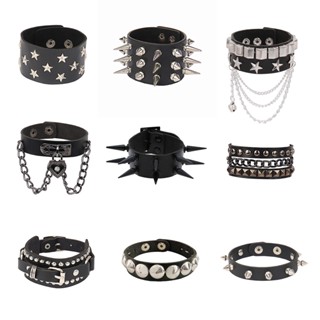 Gótico Punk Preto PU Pulseiras Estrela De Couro Rebite Para Mulheres Homens Pingente Coração Pulseira Corrente Tassel Festa Jóias