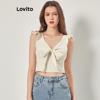 Lovito Casual Blusa Feminina Lisa Amarrada Cropped com Babados e Laço Frontal L68ED061 (Damasco/Preto)