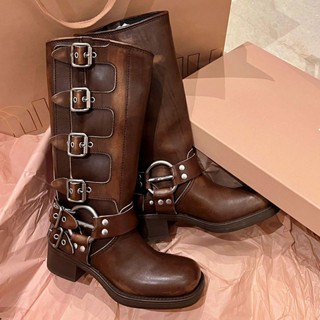 ▲ Miu de alta qualidade fivela em casa, botas de couro Martin, grossas, calcanhares, botas femininas, sapatos femininos, marrons, OBOO