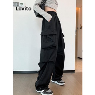 Lovito Calças Casuais Com Bolso Liso E Cordão Para Mulheres LNE37289 (Cinza/Verde/Preto)