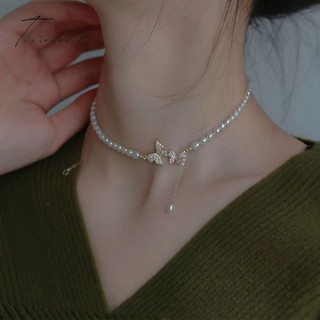 [Estoque Pronto] Retro Imitação Colar De Pérolas Feminino Pingente Borboleta Light Luxury Niche Novo Cadeia De Clavícula Para Meninas Femininas