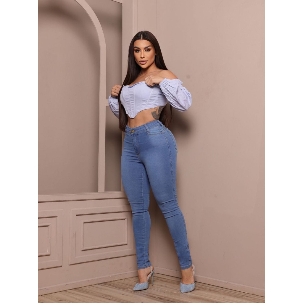 Calça Feminina Skinny Jeans Cintura Alta Com Lycra Levanta Bumbum