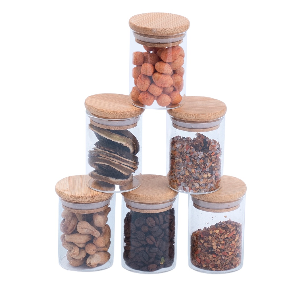 Kit 6 potes de vidro herméticos com tampa de bambu 110ml - Oikos em Oferta na Shopee