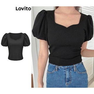 Lovito Elegante Lisa Camiseta Feminina Franzida com Manga Bufante L65ED038 (Preta)