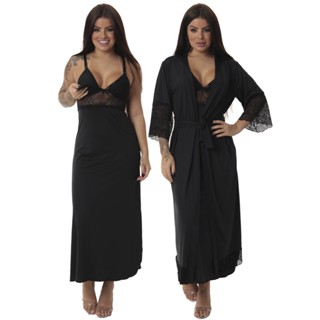 Kit de Robe Medusa longo e Camisola de amamentação longa Microfibra Light e Renda 2 Peças