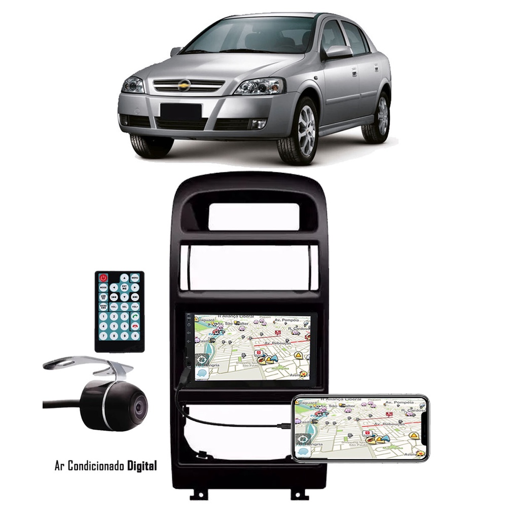 Multimídia GM Astra Hatch/Sedan 1998 a 2013 Espelhamento Bluetooth USB SD Card + Moldura + Câmera Borboleta