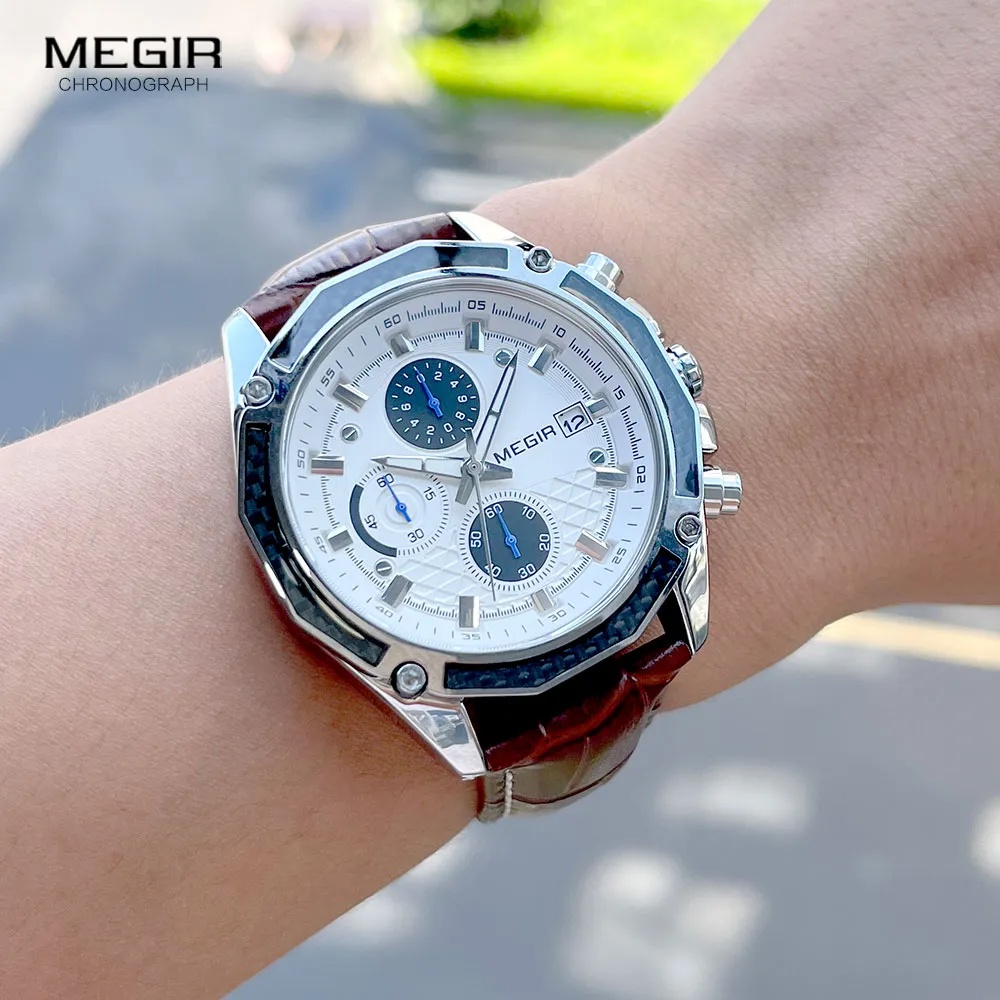 MEGIR Stylish business Quartz Watches-Relógios De Couro Genuínos Masculinos , Estilo Corrida Para Homens , Estudantes E Amantes De Jogos Relógio Masculino Original Esportivo A Prova D'água Sport Relógios De Pulso Masculinos,Presentes para homens