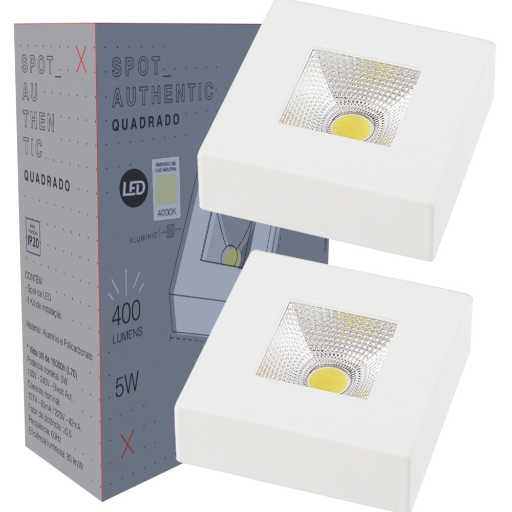 2 Spot Authentic Sobrepor Quadrado Luz Neutra 4000K Bivolt 5W Teto Gesso Avant em Oferta na Shopee