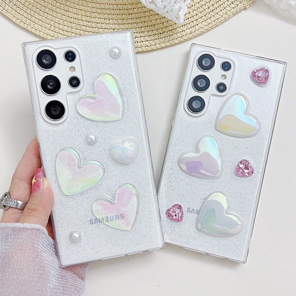 Ins Wind Sweet and Cute Color Plated 3D Crystal Heart Drop Transparente Para Samsung S23 S22 S21 S20 Plus Ultra S20 S21 FE Note20 TPU Capa Traseira De Proteção Macia