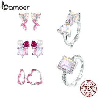 Brincos Bamoer 925 Sterling Sliver De Fita Coração Rosa Coleção De Jóias Presentes Para Mulheres