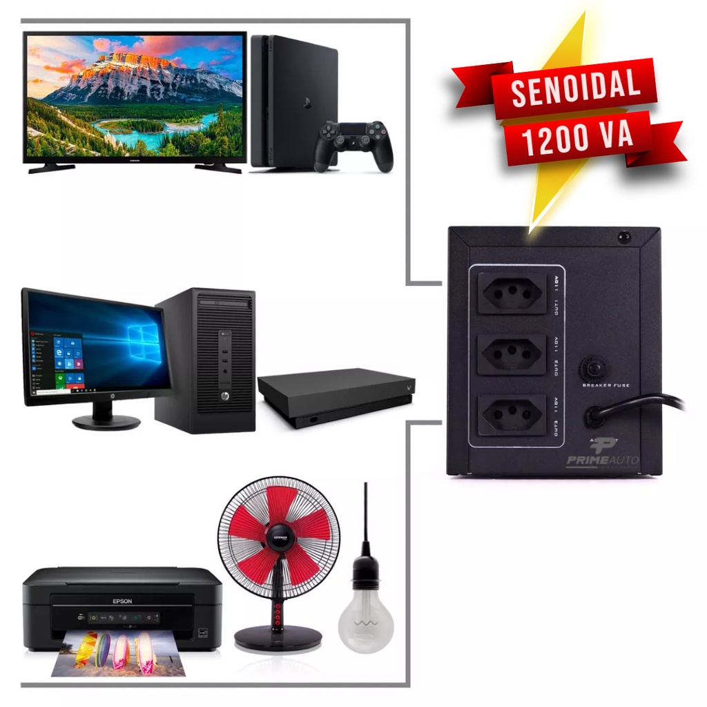 Nobreak Senoidal 1200va Estabilizador Led Pc Aquário Tv Som 720w Preto Saída 110V