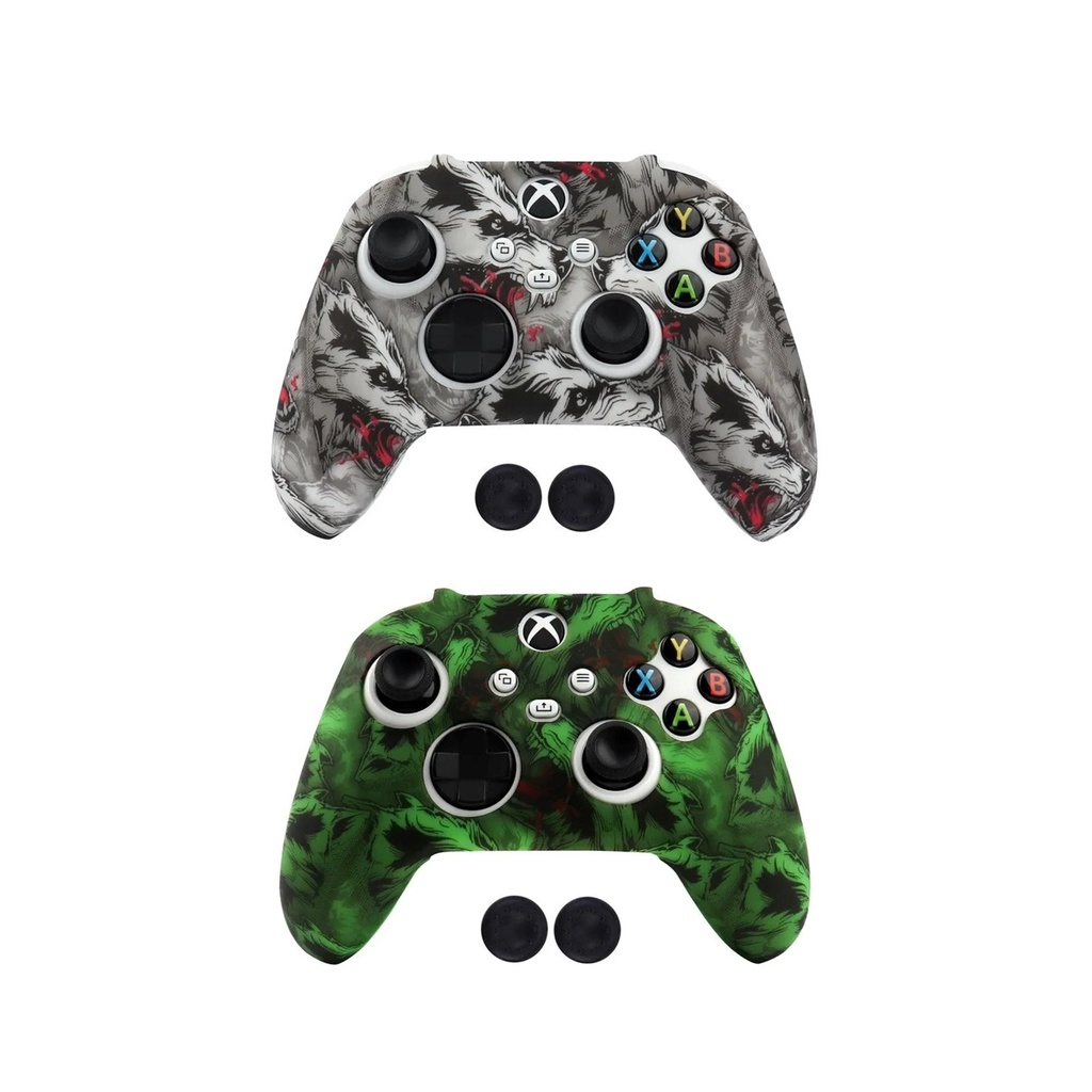 Kit Capa Protetora Silicone Premium Estampa Lobo Com Par Grips Para Controle Xbox Series