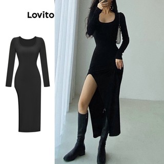 Lovito Elegante Liso Vestido Feminino com Fenda L65ED110 (Preto)