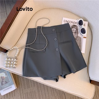 Lovito Casual Shorts com Botões Frontais e Fendas Assimétricas para Mulheres LNE20144 (Cinza Escuro)
