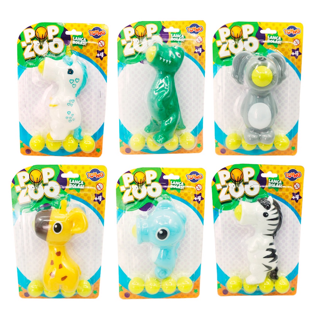 Lança Bolas Por Pressão POP ZOO Variação de Animais Com 5 Bolas Toyng