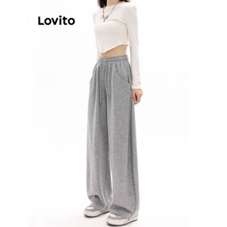 Lovito Calças Casuais Lisas Com Cordão Para Mulheres LNA36090 (Cinza)