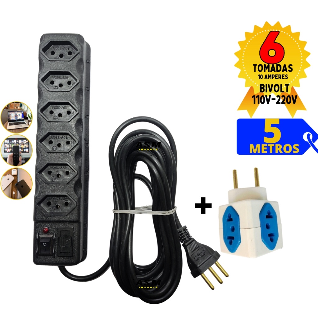 Filtro de Linha Bivolt 6 Tomadas com 5Metros de Cabo + Cubo Adaptador de Tomadas Regua Eletrica