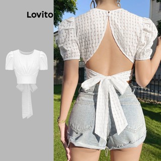 Lovito Casual Blusa Feminina Lisa de Jacquard com Costas Abertas e Laço Traseiro L71ED228 (Branco)