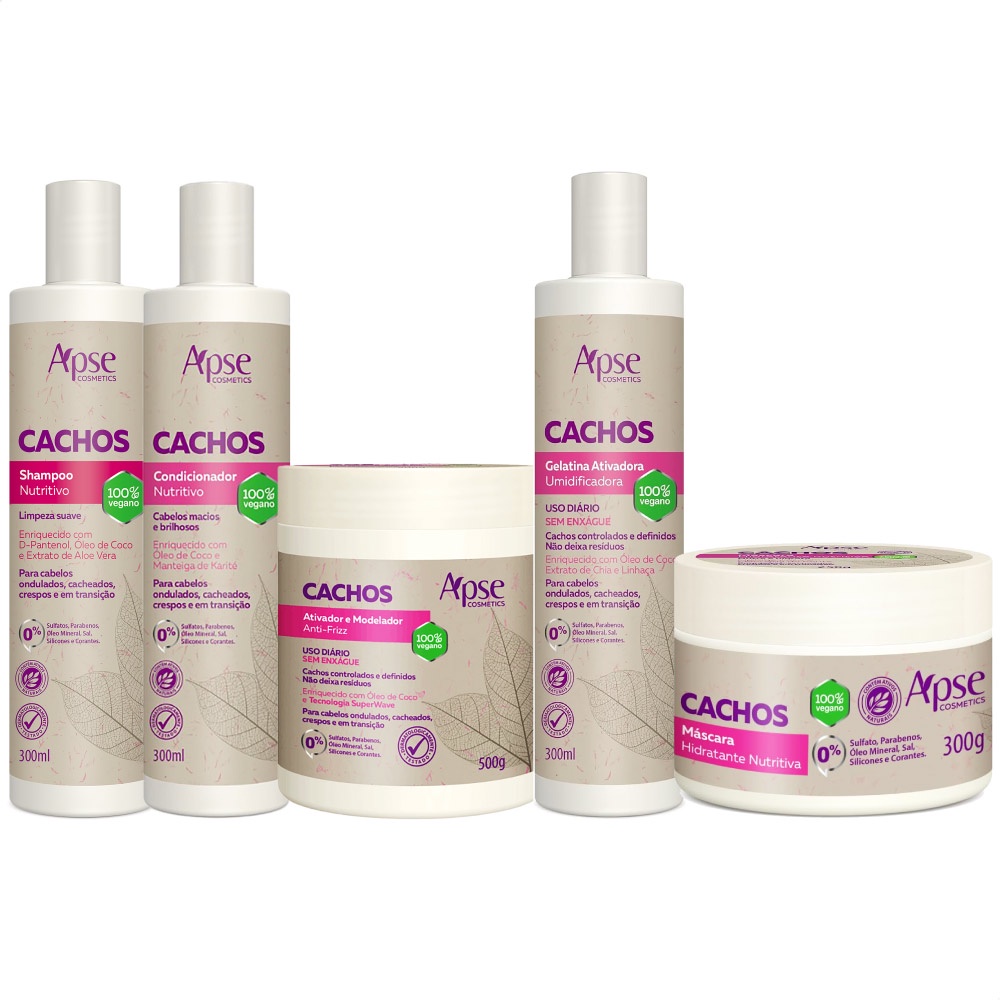 KIT Apse Cachos Shampoo e Condicionador e Gelatina 300ml e Ativador 500g e Máscara 300g