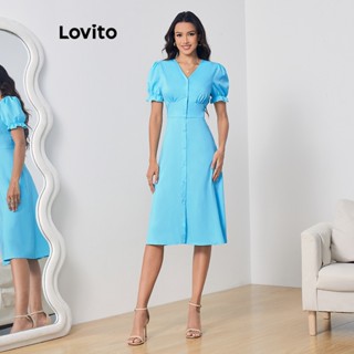 Lovito Elegante Vestido Feminino Simples com Botão Frontal Linha Estruturada e Manga Bufante LBL07205