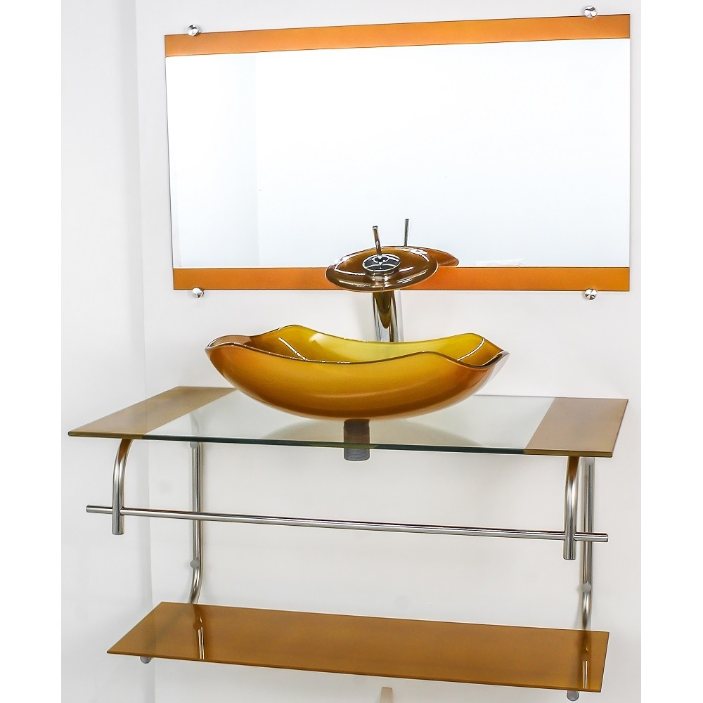 GABINETE DE VIDRO PARA BANHEIRO INOX 90CM CUBA ABAULADA DOURADO REAL