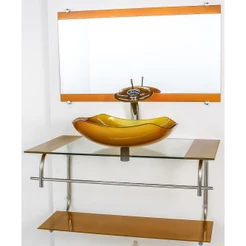 GABINETE DE VIDRO PARA BANHEIRO INOX 90CM CUBA ABAULADA DOURADO REAL