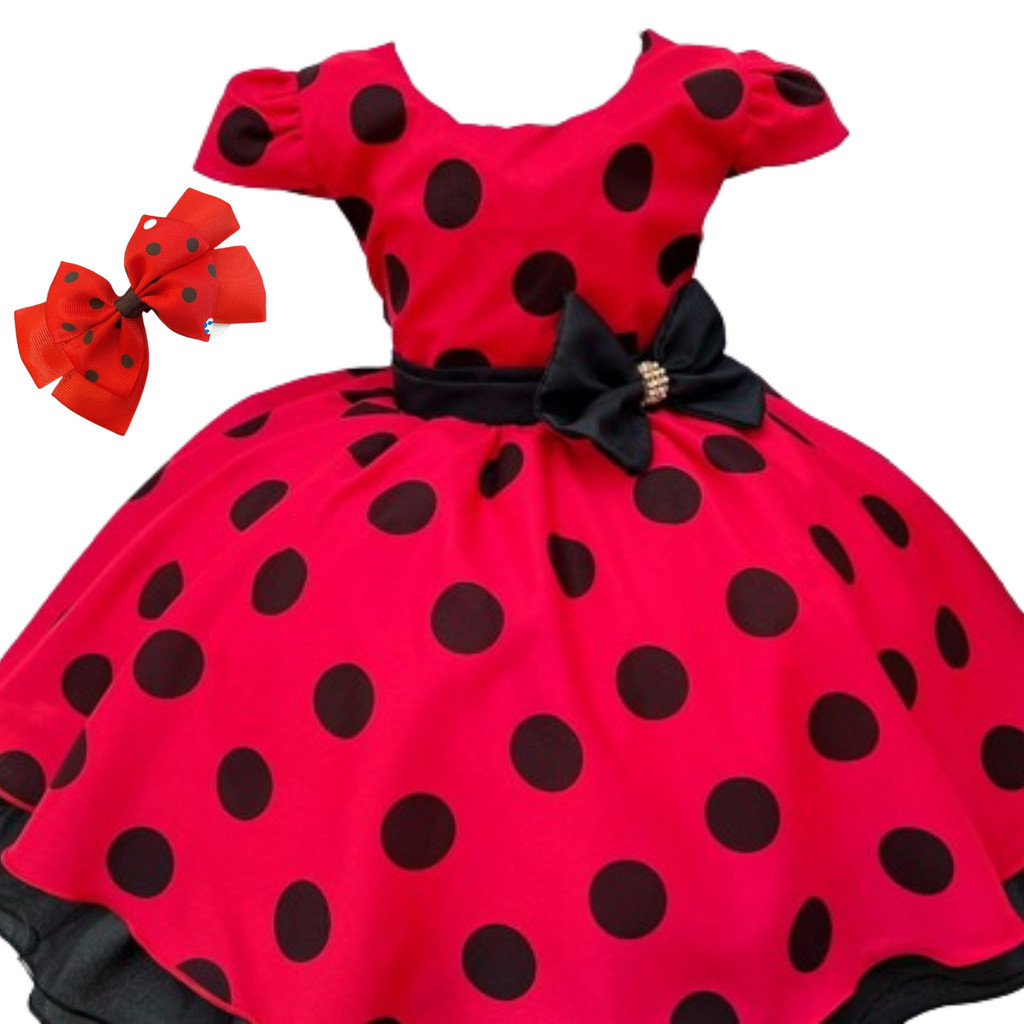 Vestido infantil JOANINHA LADYBUG Minnie BOLINHA PRETA  com 2 LACINHOS M0077
