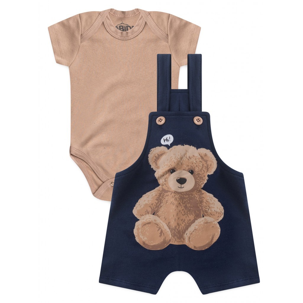 Conjunto Jardineira Bebê Menino Suedine Urso