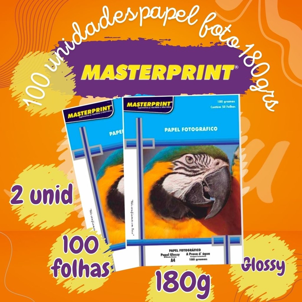 Papel Fotográfico 180g A4 100 folhas Glossy Resistente a Água - Masterprint