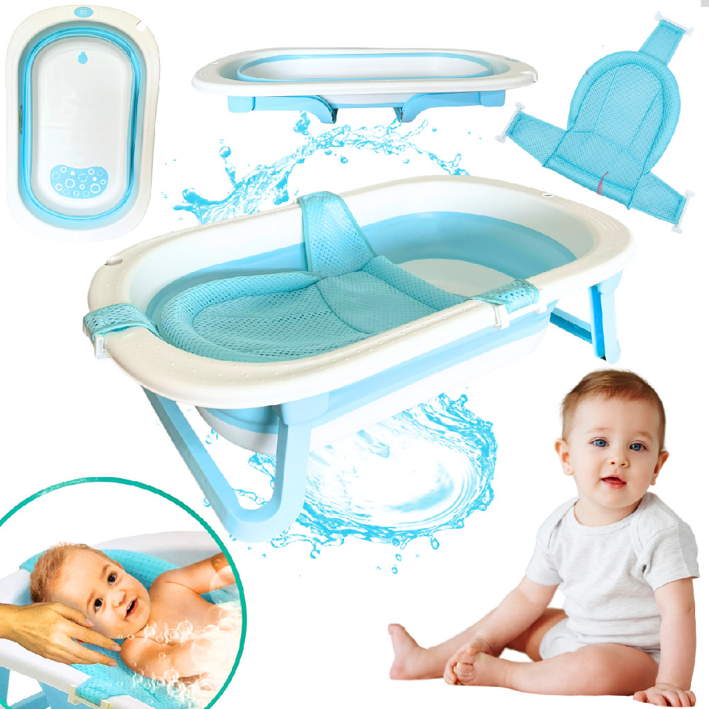 Banheira Bebe Menino Azul Retrátil 78x49x20cm Suporte Silicone Rede