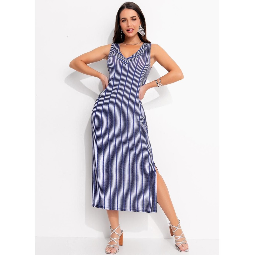 Vestido  Em Malha De Viscose Listrado Azul Quintess
