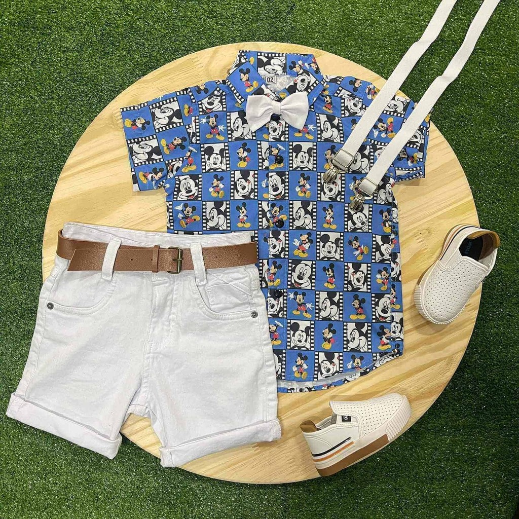 Bermuda Branca com Camisa Mickey Azul e Kit Gravata e Suspensório Infantil Festa Aniversário