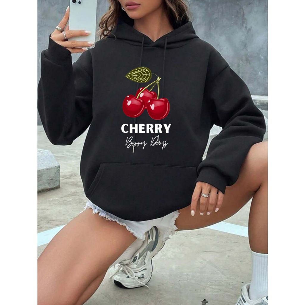 Moletom Feminino Canguru Unissex Masculino e Feminino Flanelado Blusa de Frio Promoção Lançamento Cherry (FRENTE)