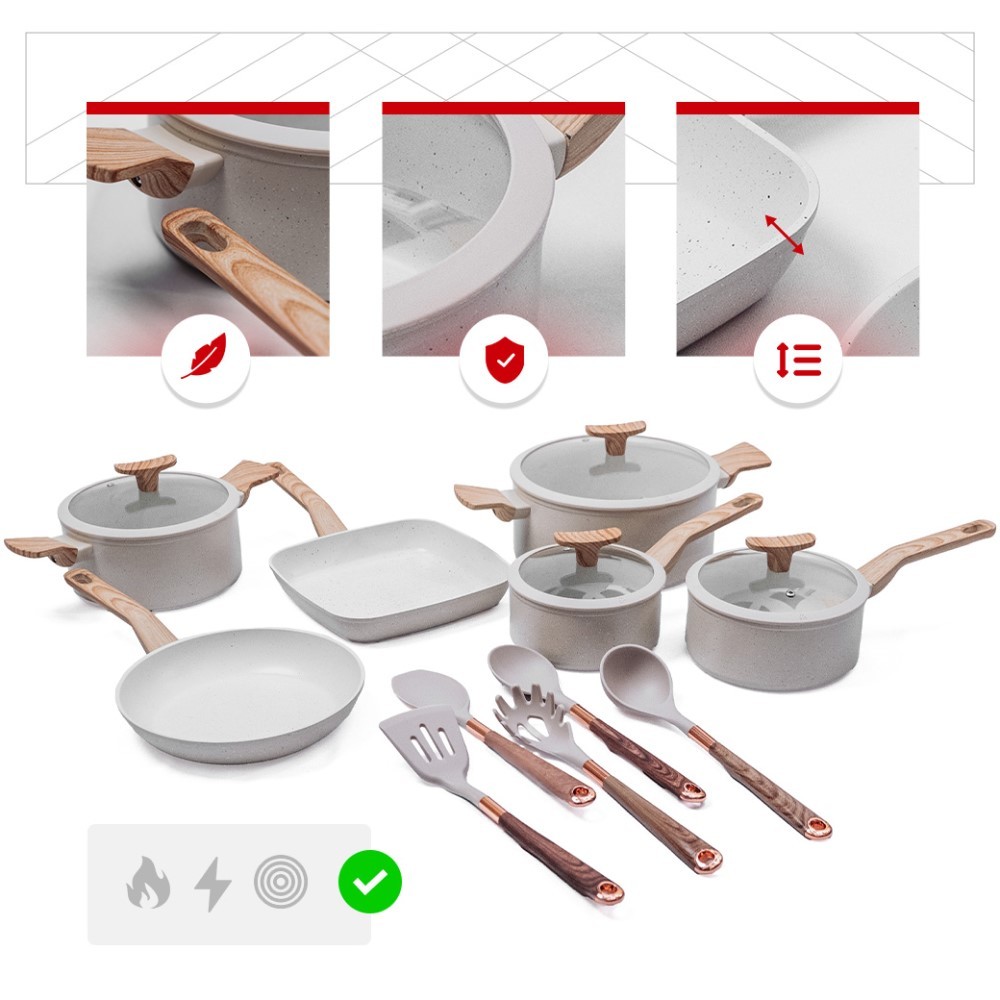 Imagem Jogo de Panelas Premium com Revestimento em Mármore Antiaderente 11 Peças Cor Baunilha Yikasa