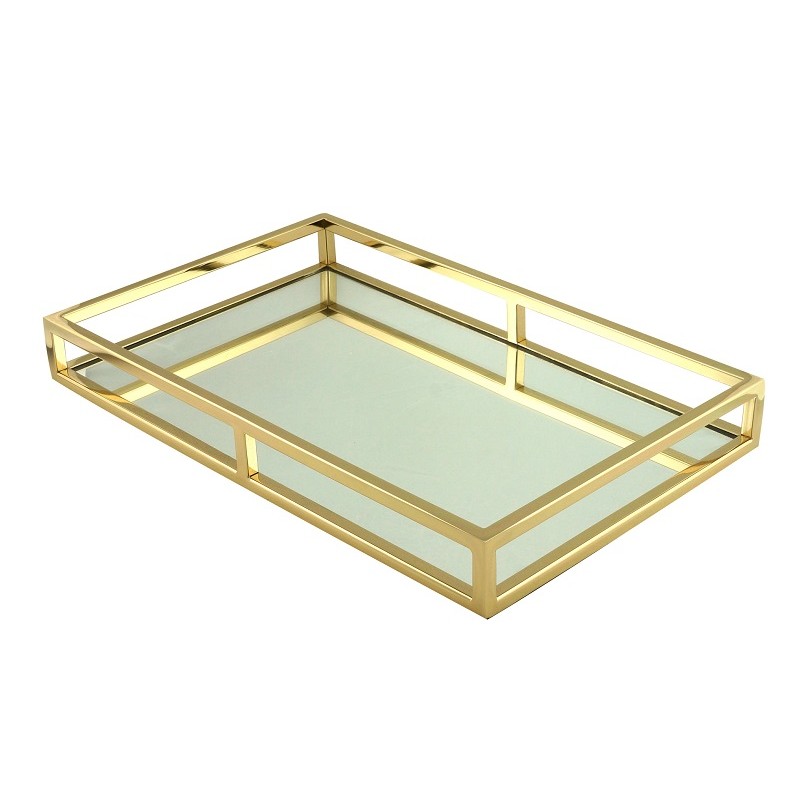 Bandeja Dourada Aço Inox com Espelho Dourada 41 x 26 cm